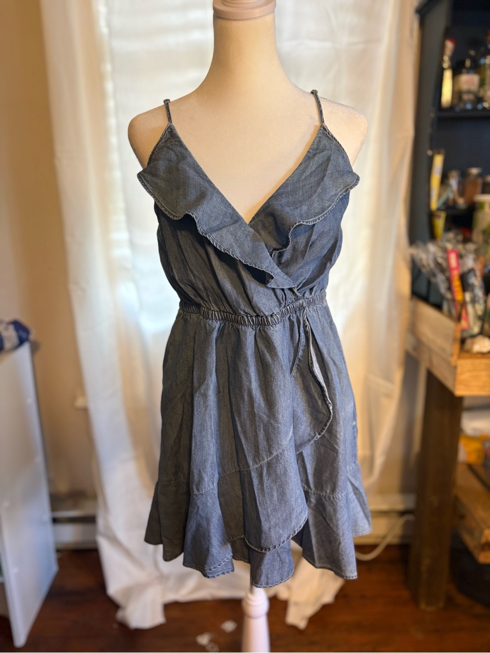Express Jean Ruffle Wrap Mini Dress